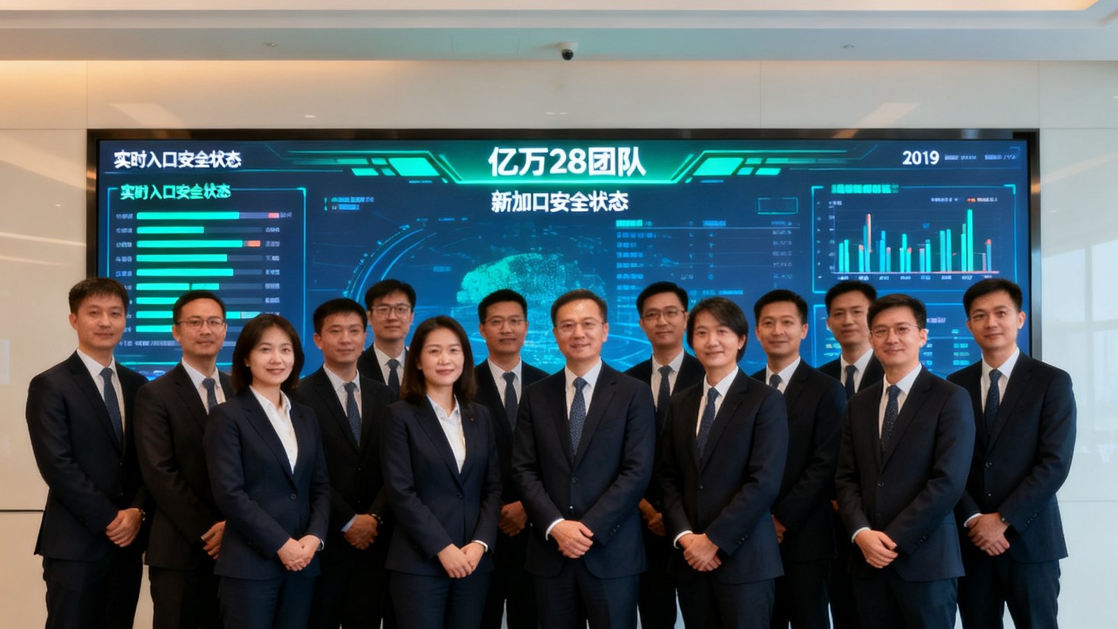亿万28团队在2019年新加坡总部合影，背景是大屏数据监控，显示实时入口安全状态