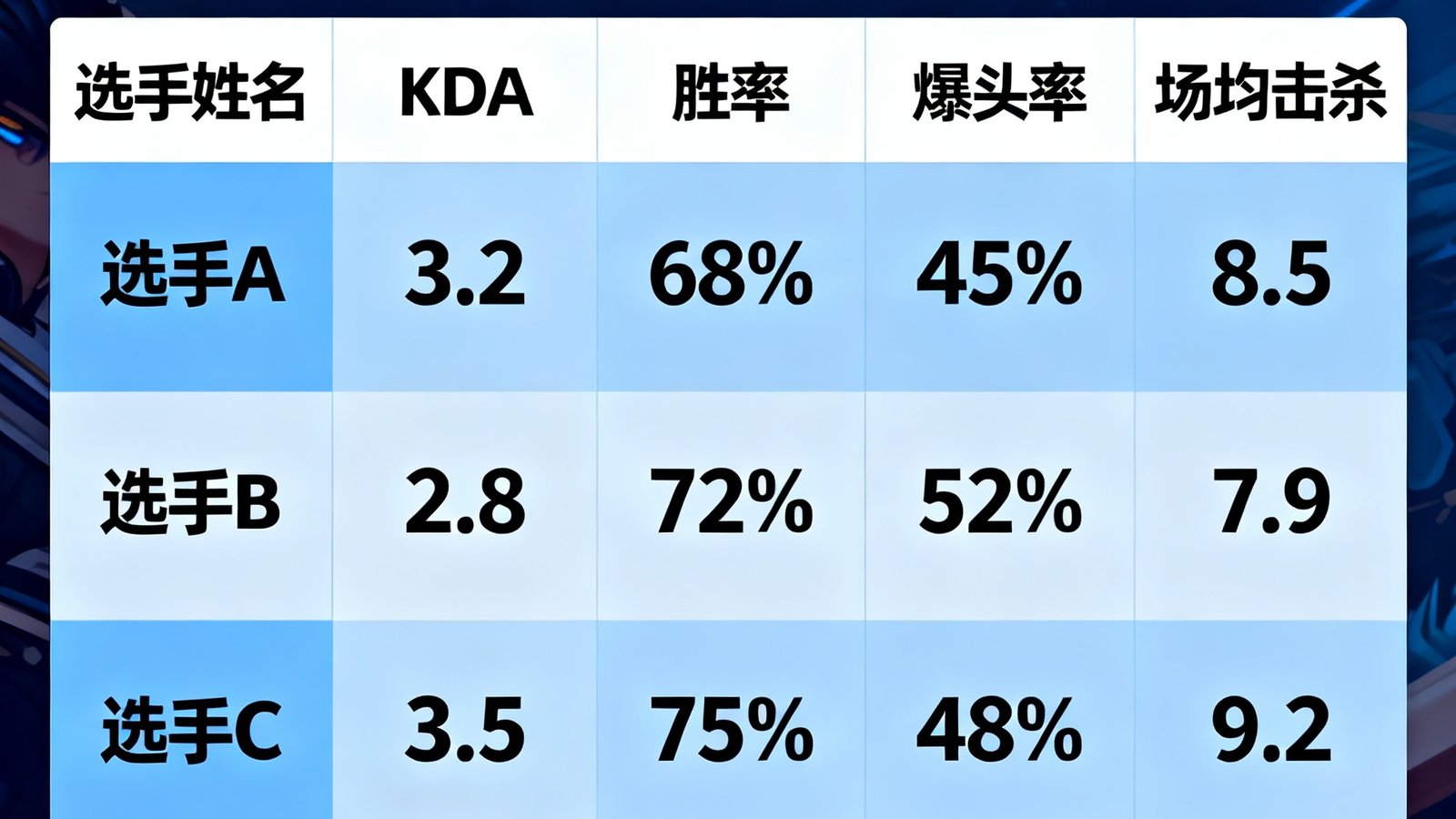 亿万28战队选手个人资料数据统计，包括KDA、胜率、爆头率等详细数据